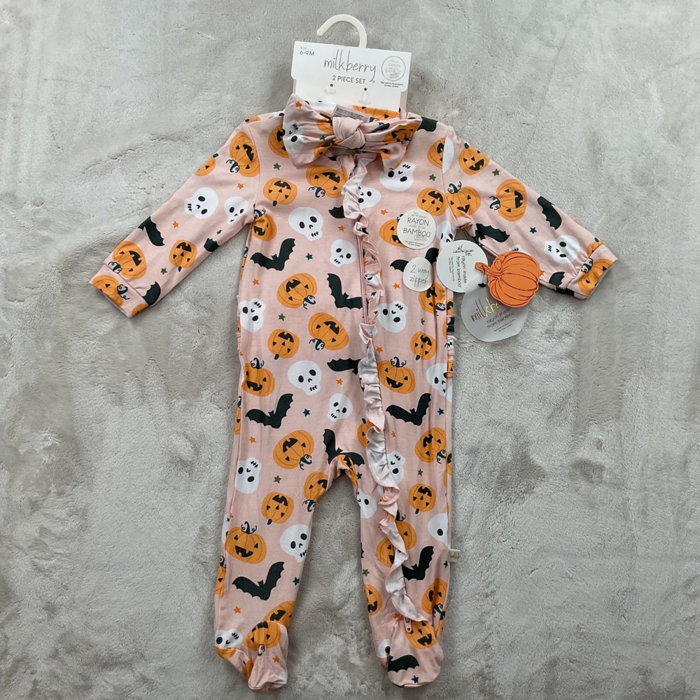 Milkberry Baby Girls Pink Halloween Bamboo Footie Sleeper Headband Set 6-9M NWT